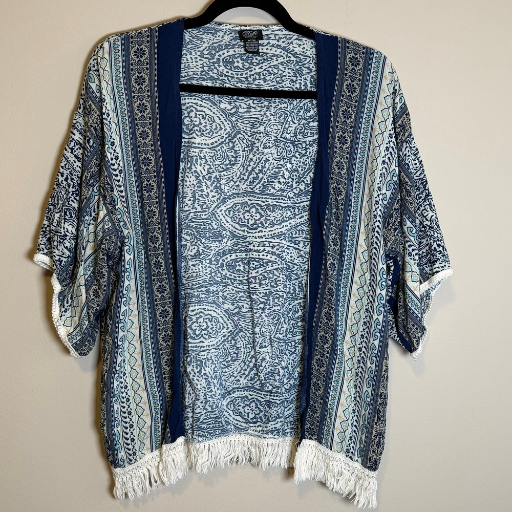 Roffe Kimono Blue White Paisley Fringe Trim Wrap One Size